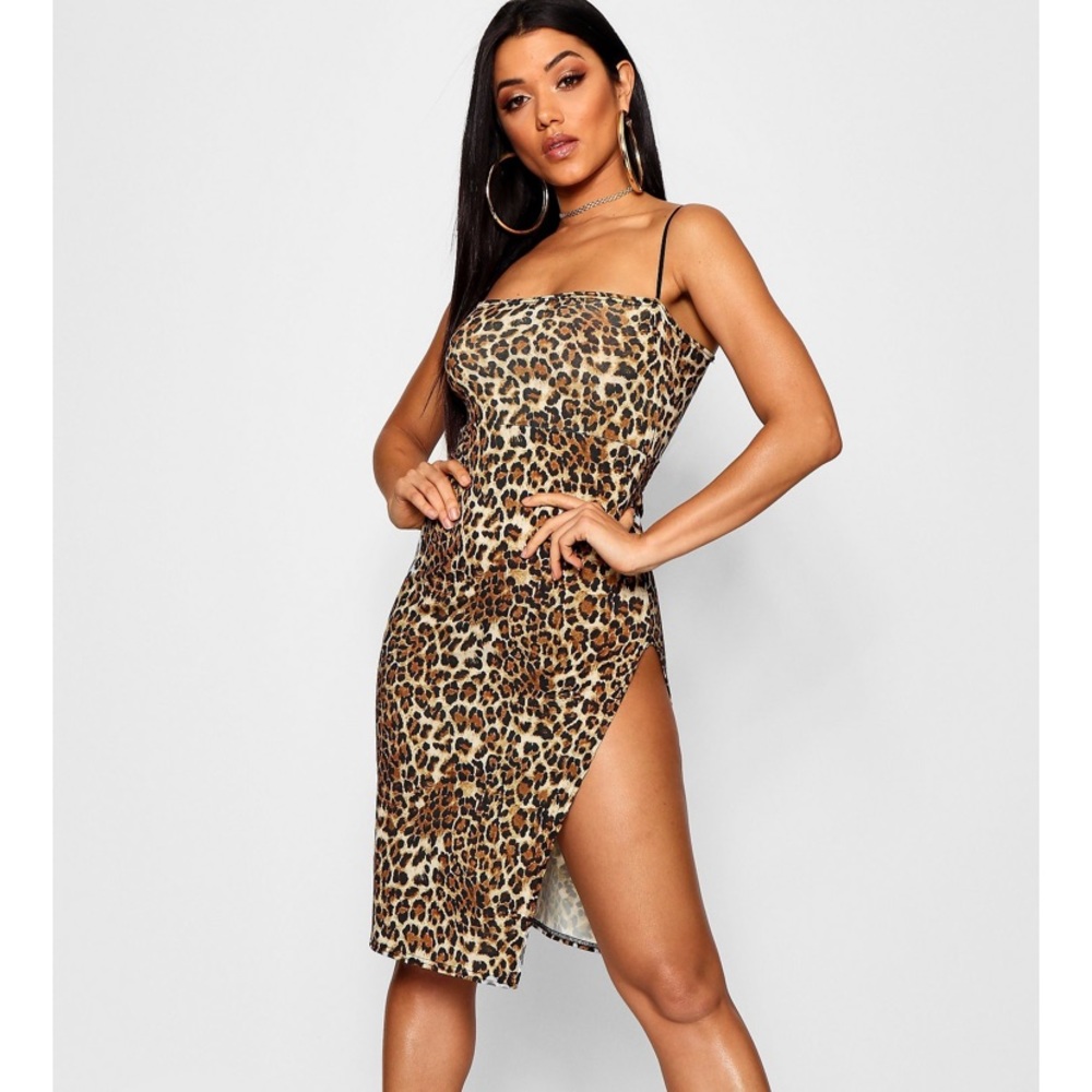 NWT Boohoo Leopard Strappy Square Neck Midi Dress